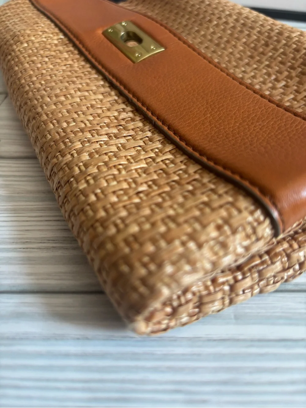 J. Crew Woven Straw Clutch with Tan Leather Trim and Turnlock Closure